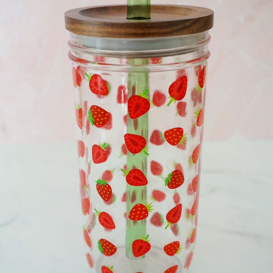 Strawberry 22oz Glass Tumbler With Acacia Lid & Straw