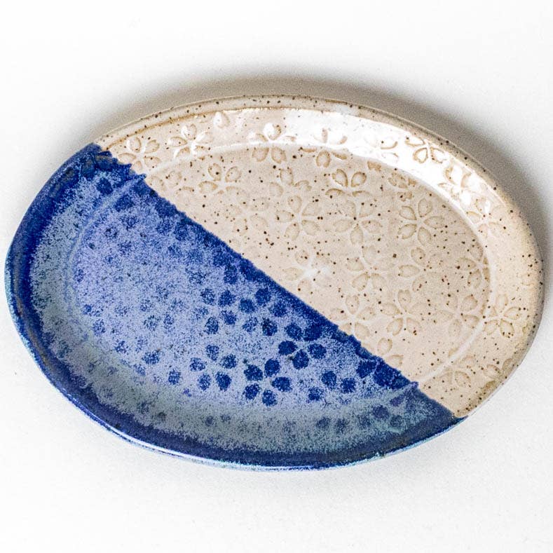 Wht & Blue Flower Pattern Handmade Ceramic Oval Trinket Dish