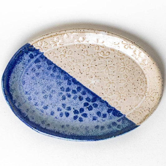 Wht & Blue Flower Pattern Handmade Ceramic Oval Trinket Dish