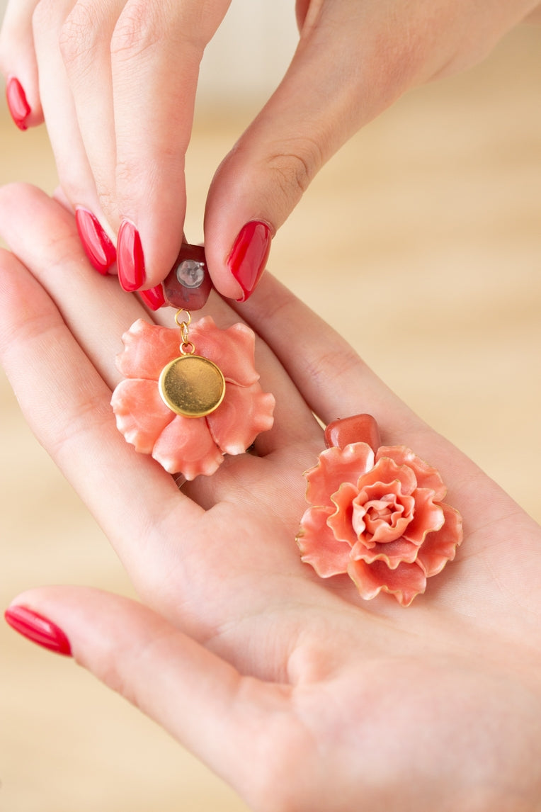 Peachy Pink Flowers Statement Earrings