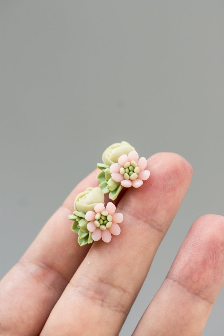 Succulent Stud Earrings - Pink Echeveria Plant