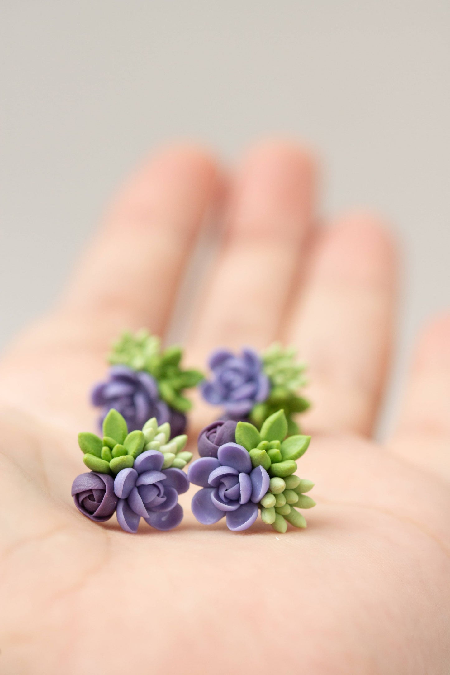Handmade Succulent and Floral Bouquet Earrings - Purple Gree