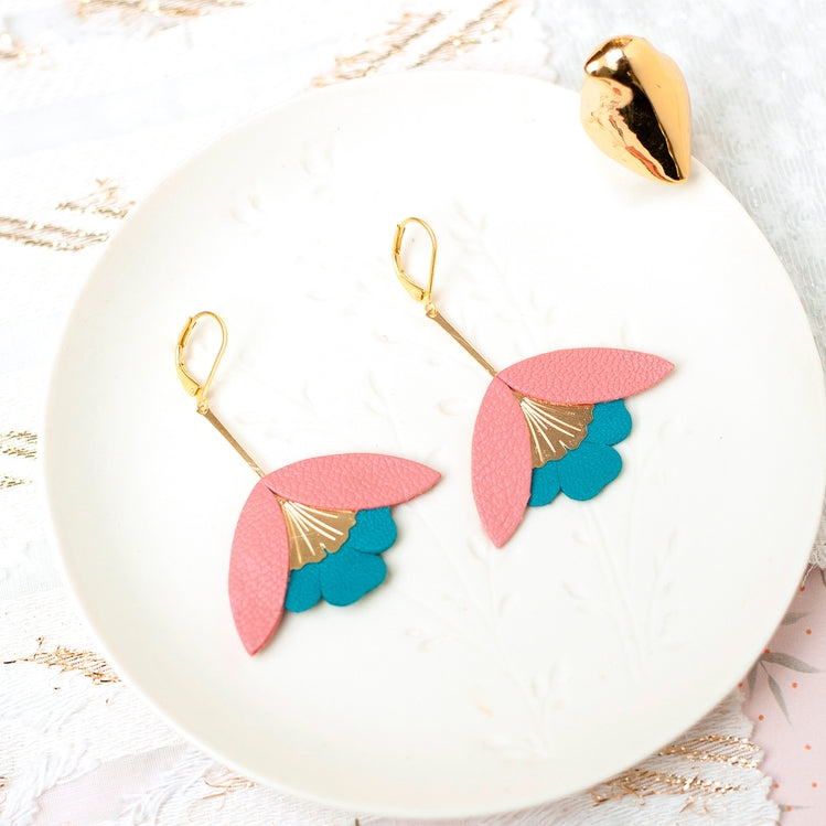 Ginkgo Flower Earrings – Cerulean Blue and Pink Leather
