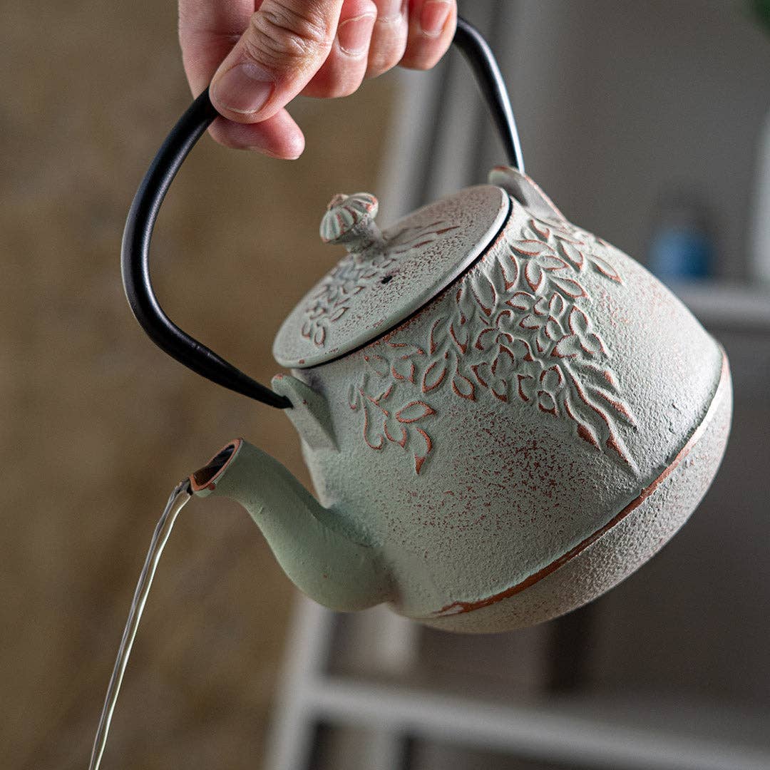 Mint Green Leaves Design 32oz Cast Iron Tea Pot