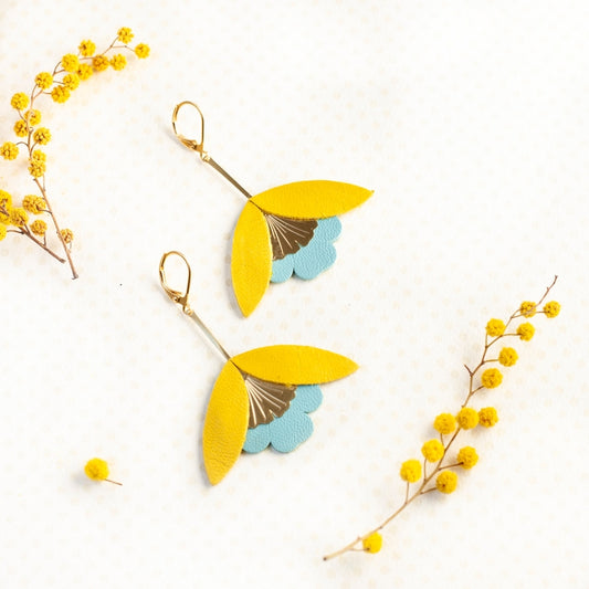 Ginkgo Flower Earrings – Yellow and Blue Leather