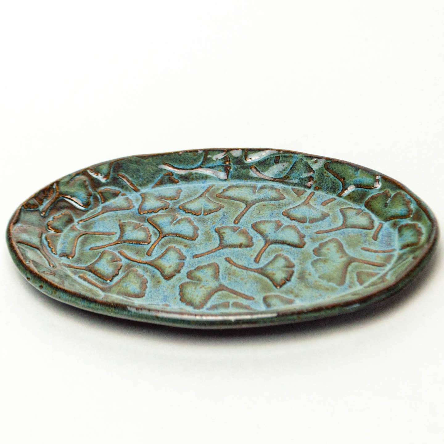 Ginkgo Leaf Pattern Handmade Ceramic Blue Oval Trinket Dish