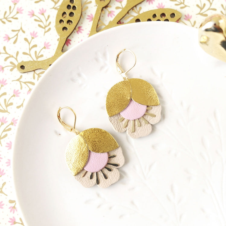 Cherry Flower Earrings – Gold, Pink, Beige Leather