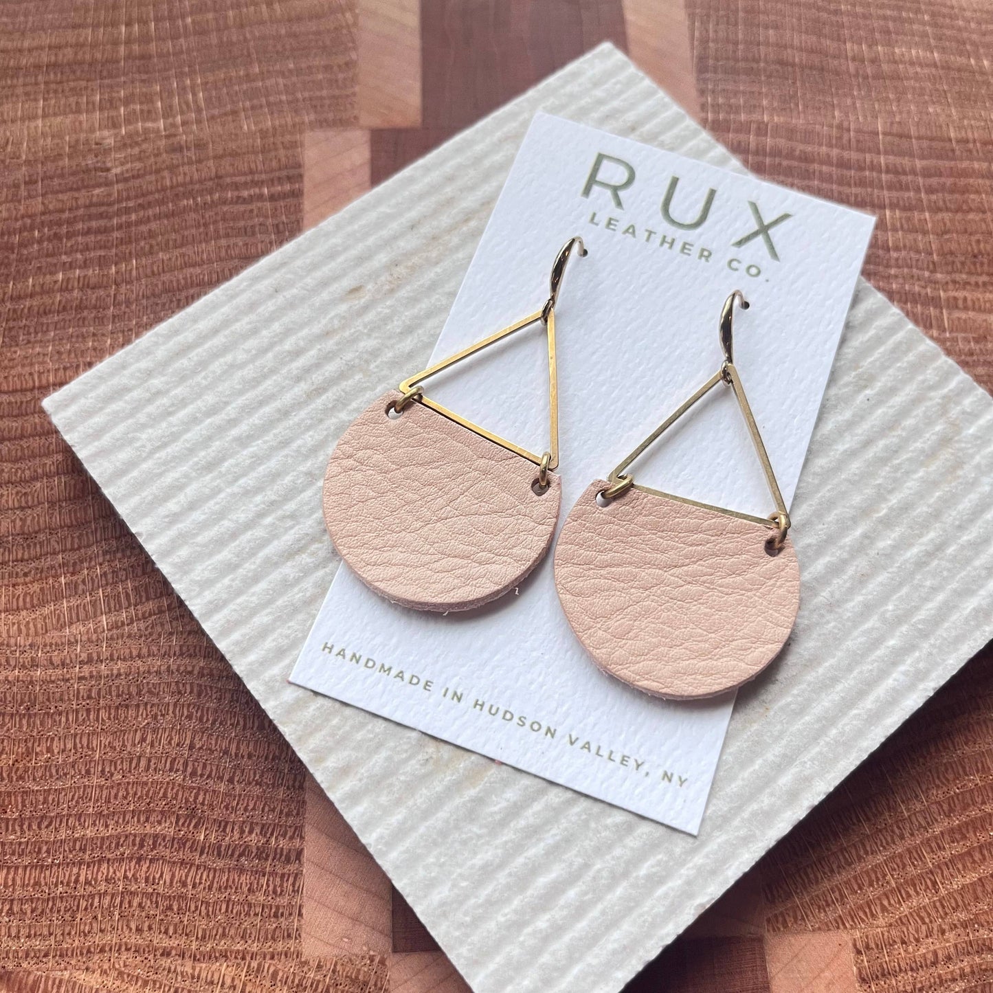 Shell Pink Leather, and Brass Earrings