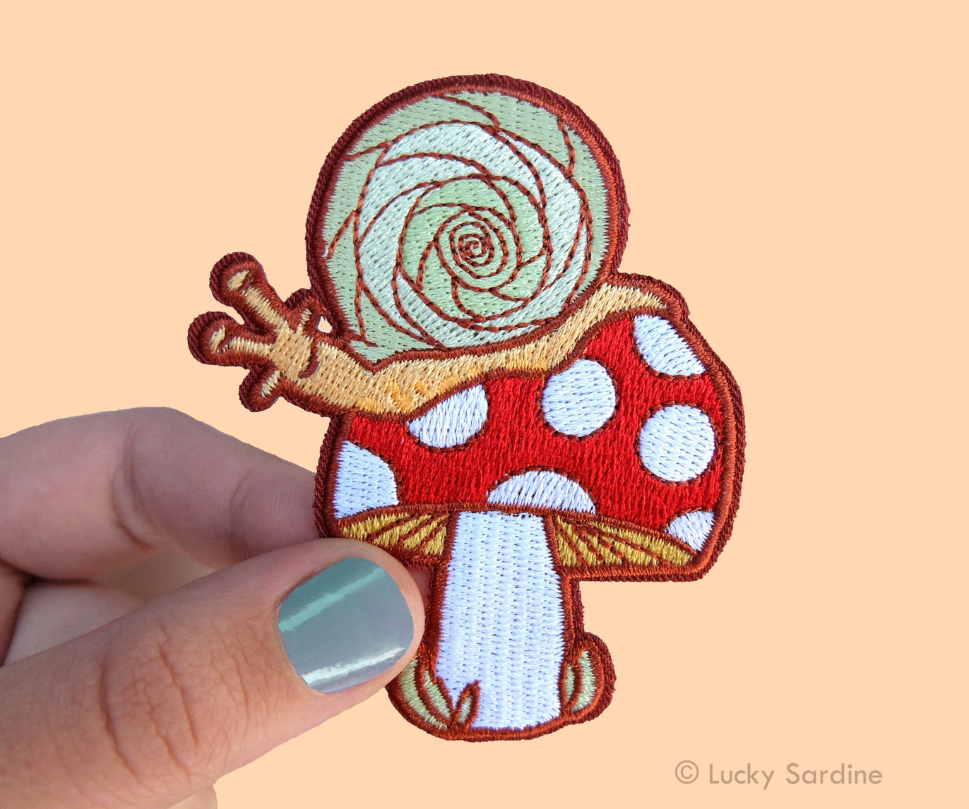 Snail On A Toadstool, Mushroom Embroidered Iron-on Patch