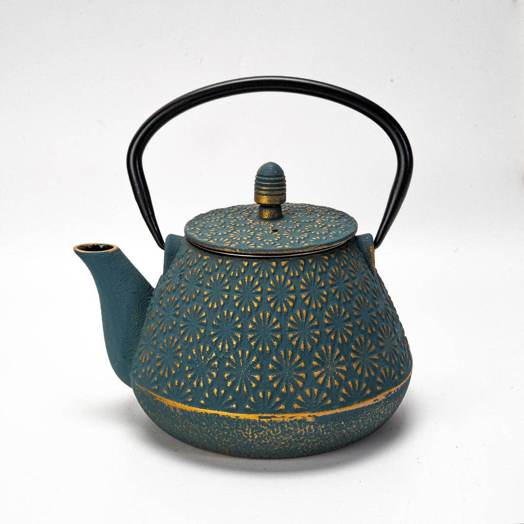 Teal Blue Plum Flower 32oz Cast Iron Tea Pot
