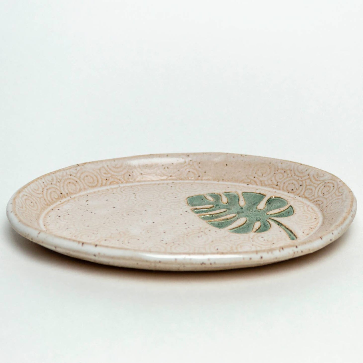 Monstera Pattern Handmade Ceramic White Oval Trinket Dish