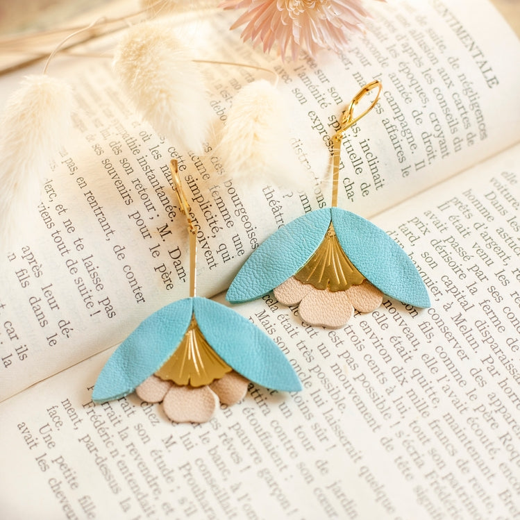 Ginkgo Flower Earrings – Cyan Blue and Beige Leather