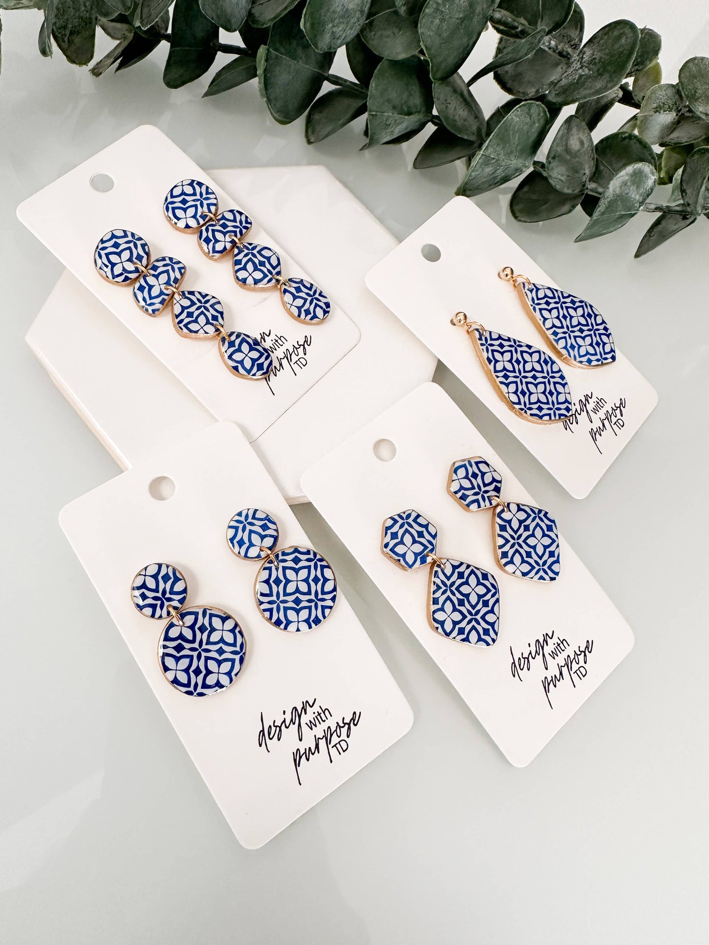 White and Blue Tile Pattern Earrings