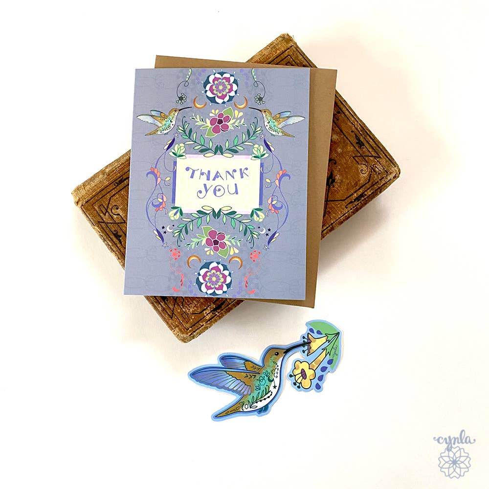 BOX of 8 Hummingbird Thank You cards blank floral thank you