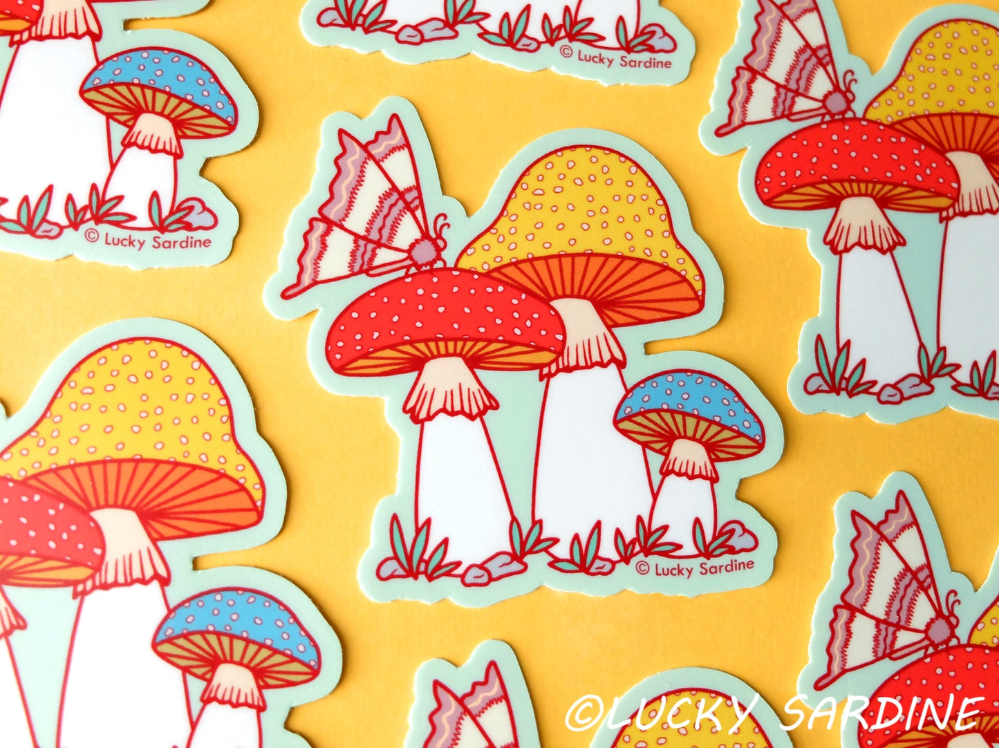 Moth on Toadstool Mushrooms Vinyl Sticker