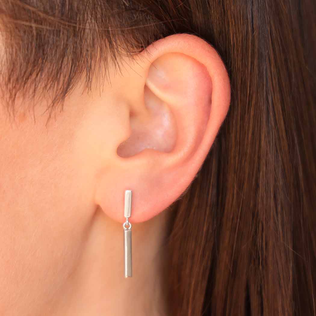 Sterling Silver Bar Post Earrings w/ Bar Dangle 26x2mm