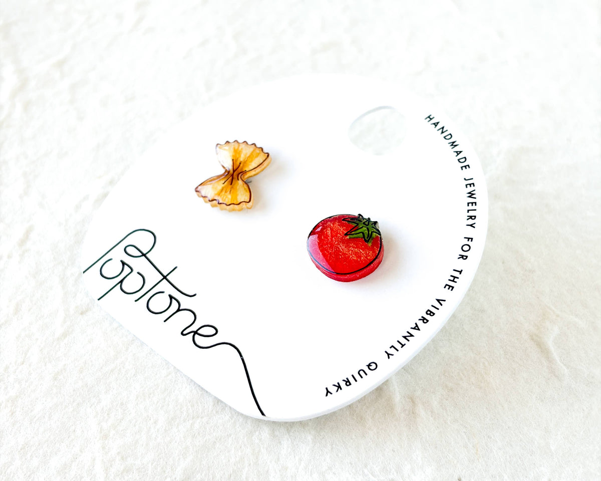 Mismatched Tomato & Bowtie Pasta Stud Earrings
