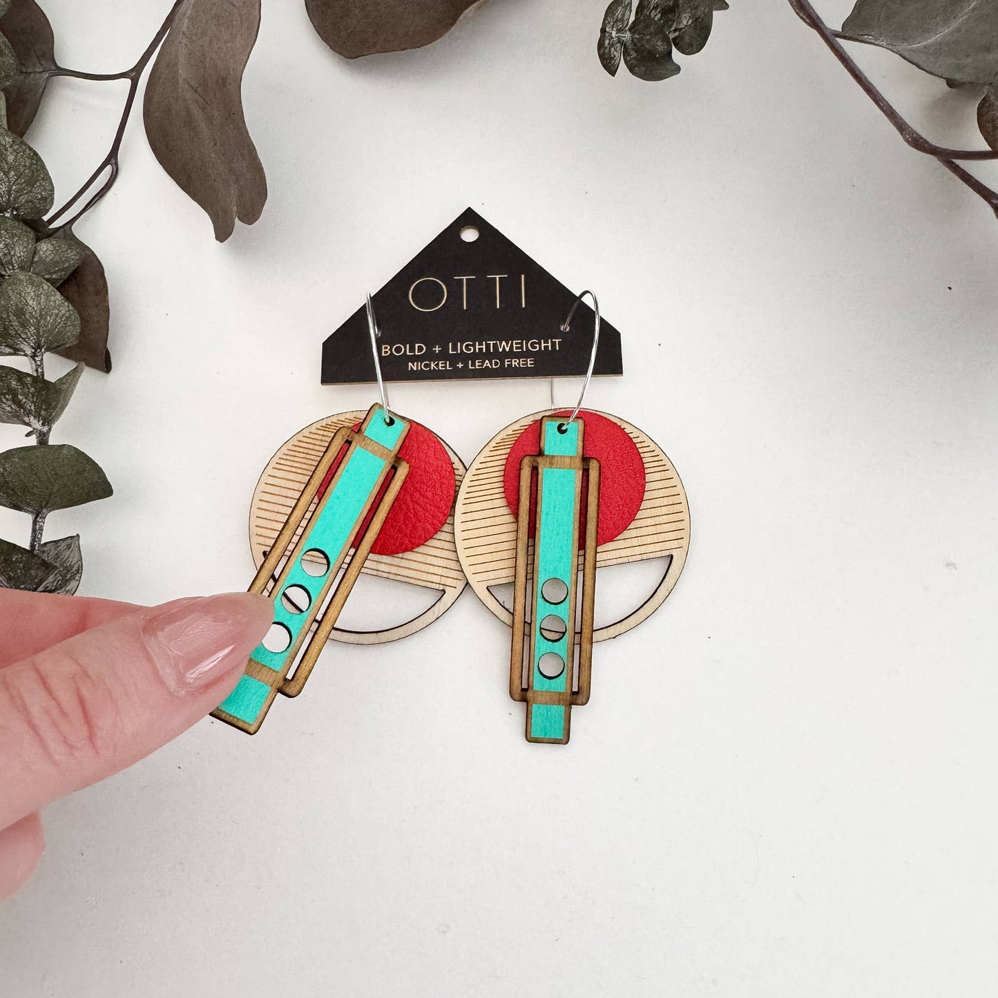Architectural Lightweight Leather+Birch earring: Wright Red