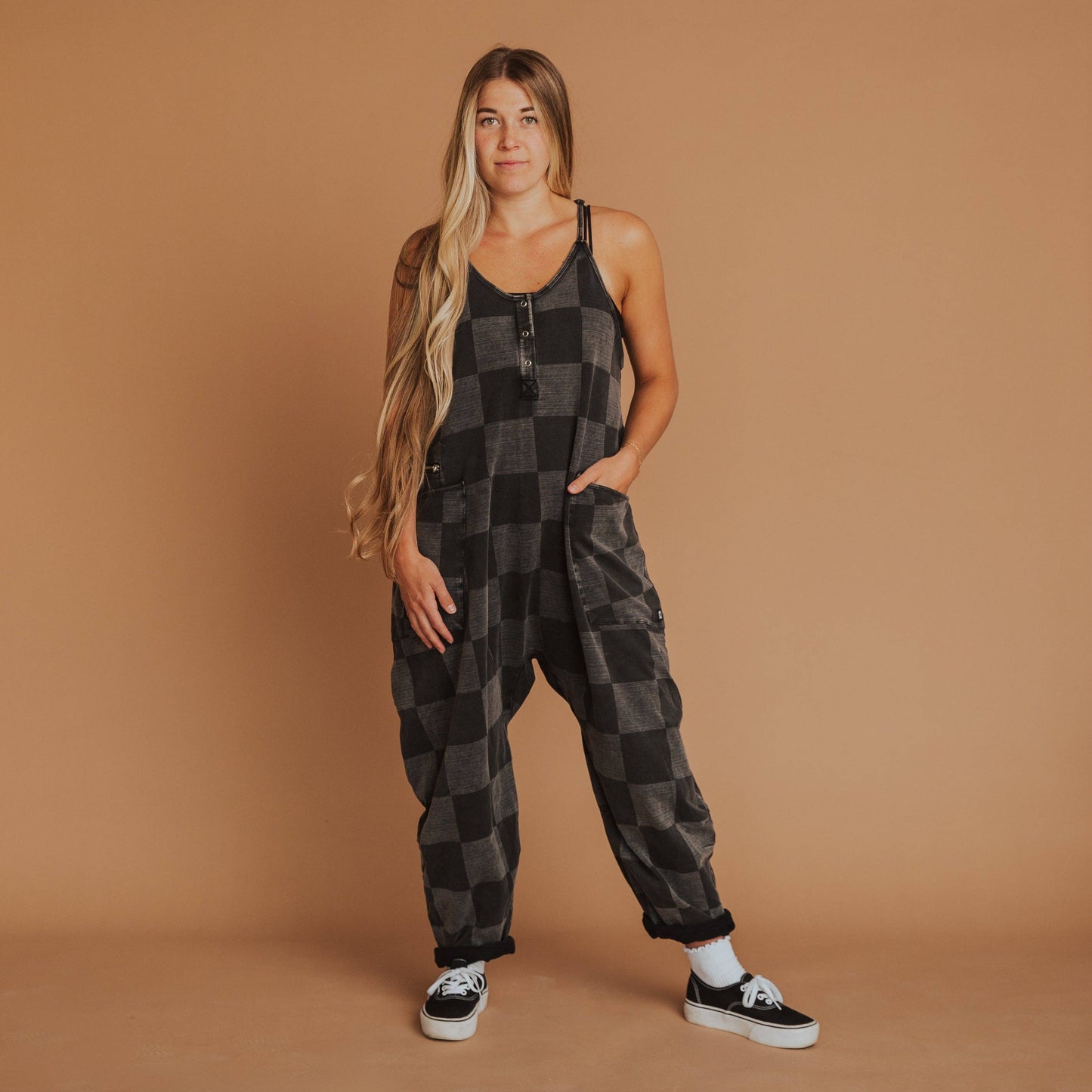 Women's Tank Romper - Black Denim Check