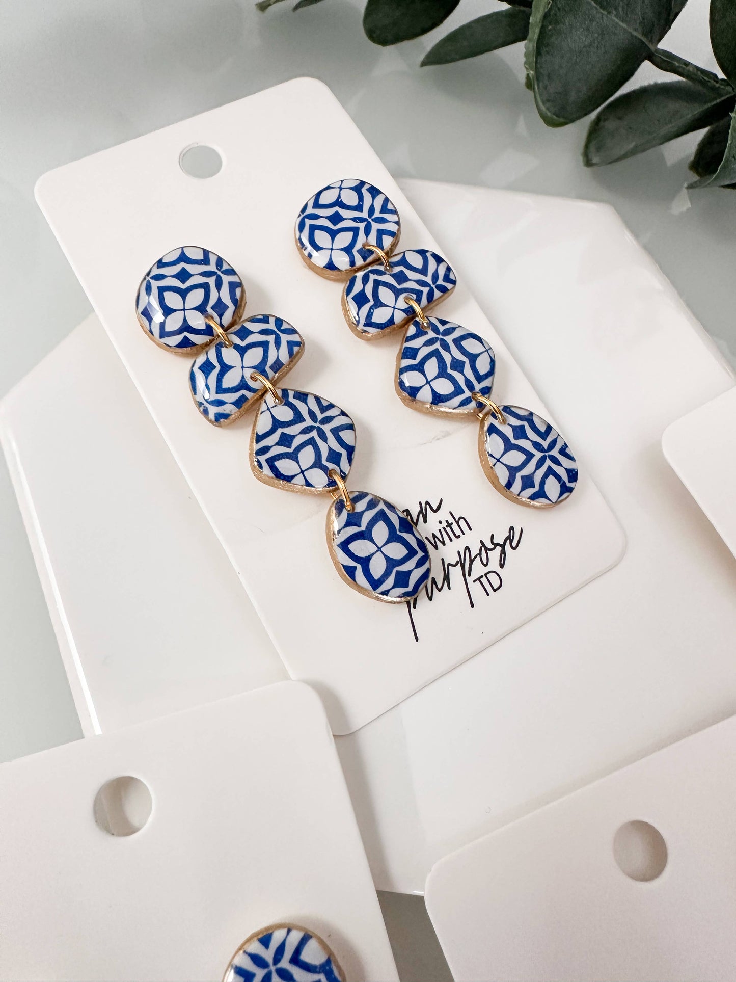 White and Blue Tile Pattern Earrings