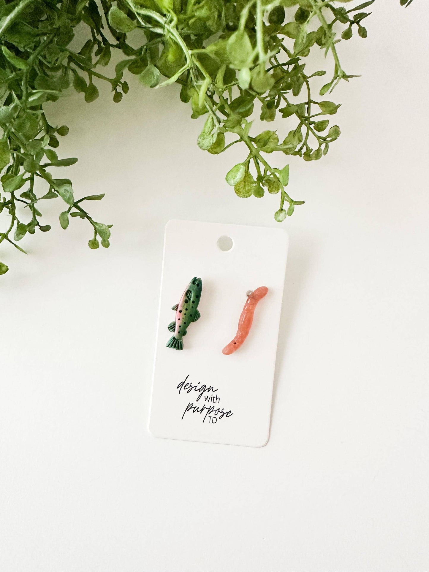 Rainbow Trout and Worm Clay Statement Earrings