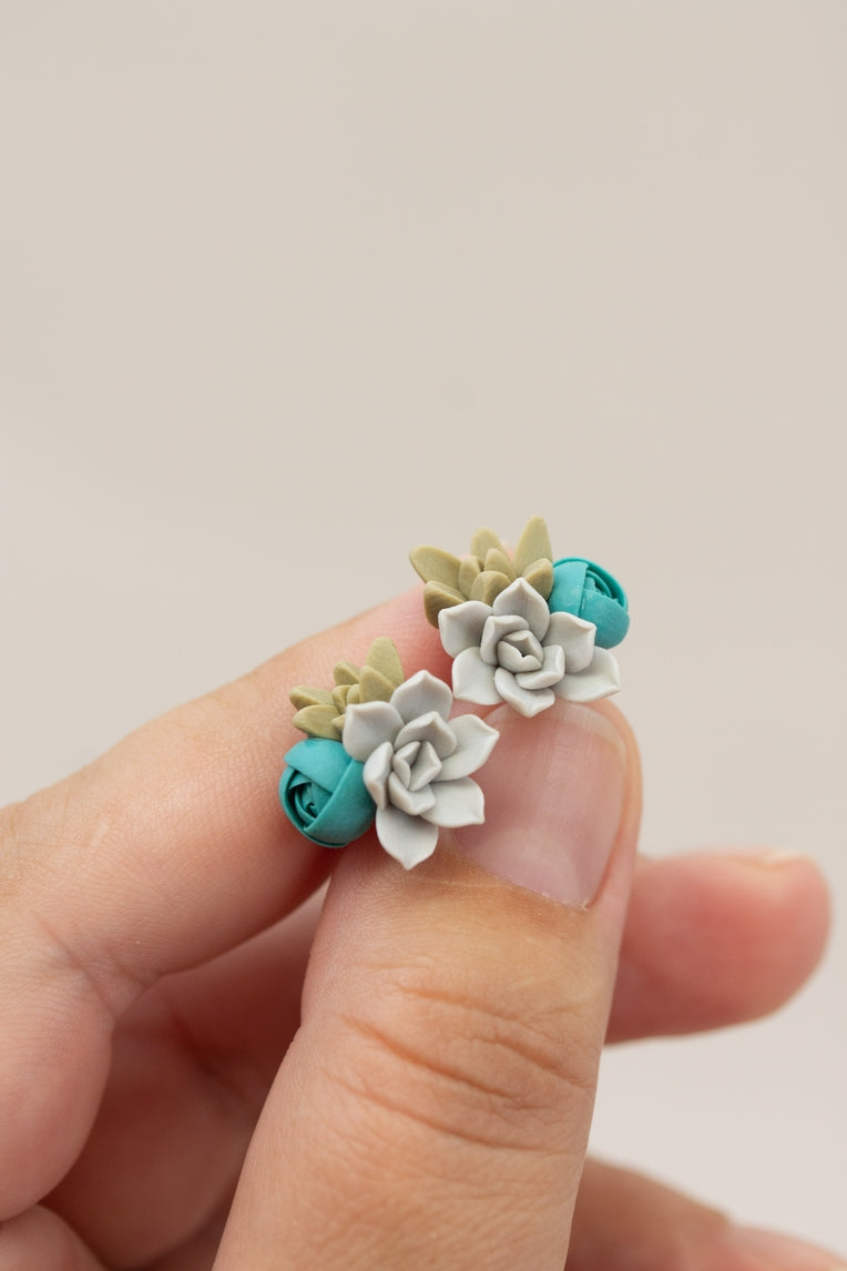 Handmade Succulent and Floral Bouquet Earrings - Blue