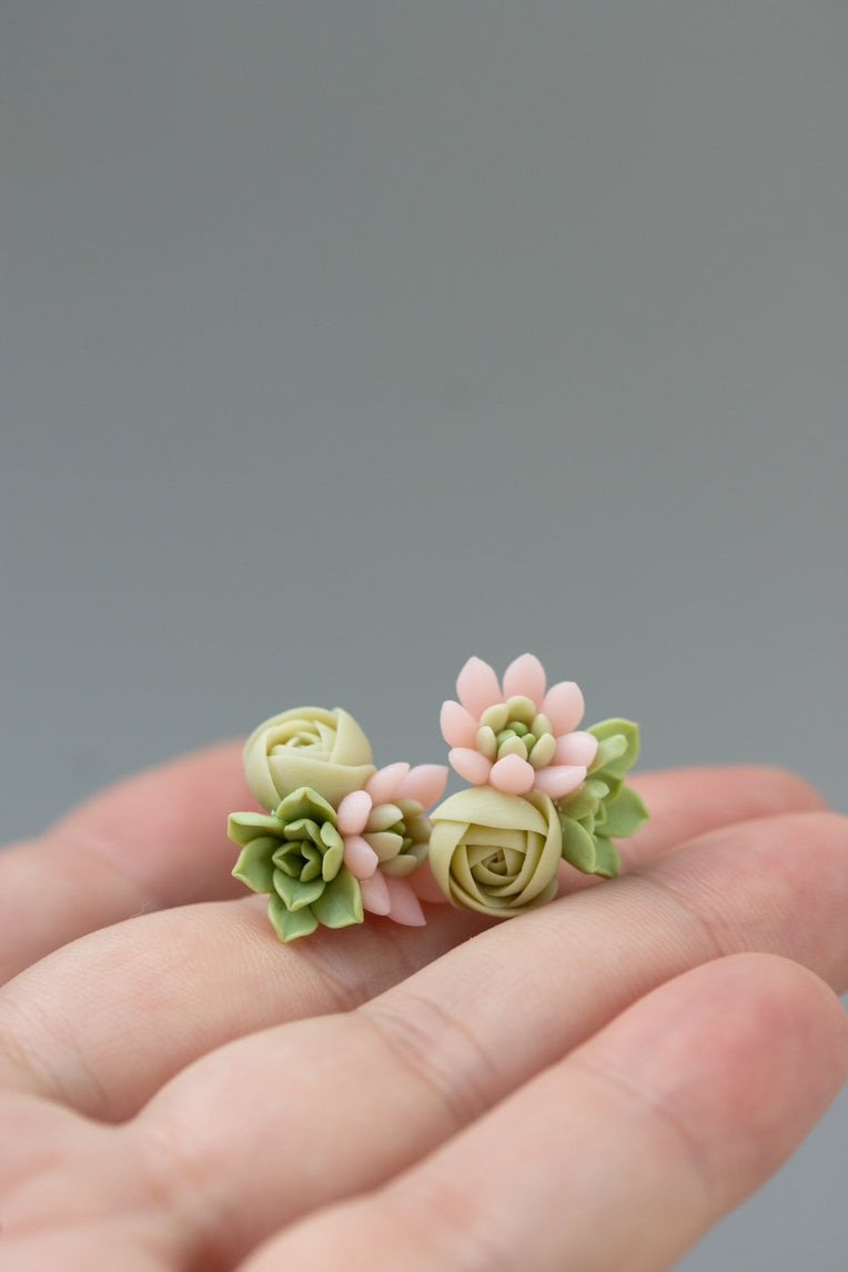 Succulent Stud Earrings - Pink Echeveria Plant