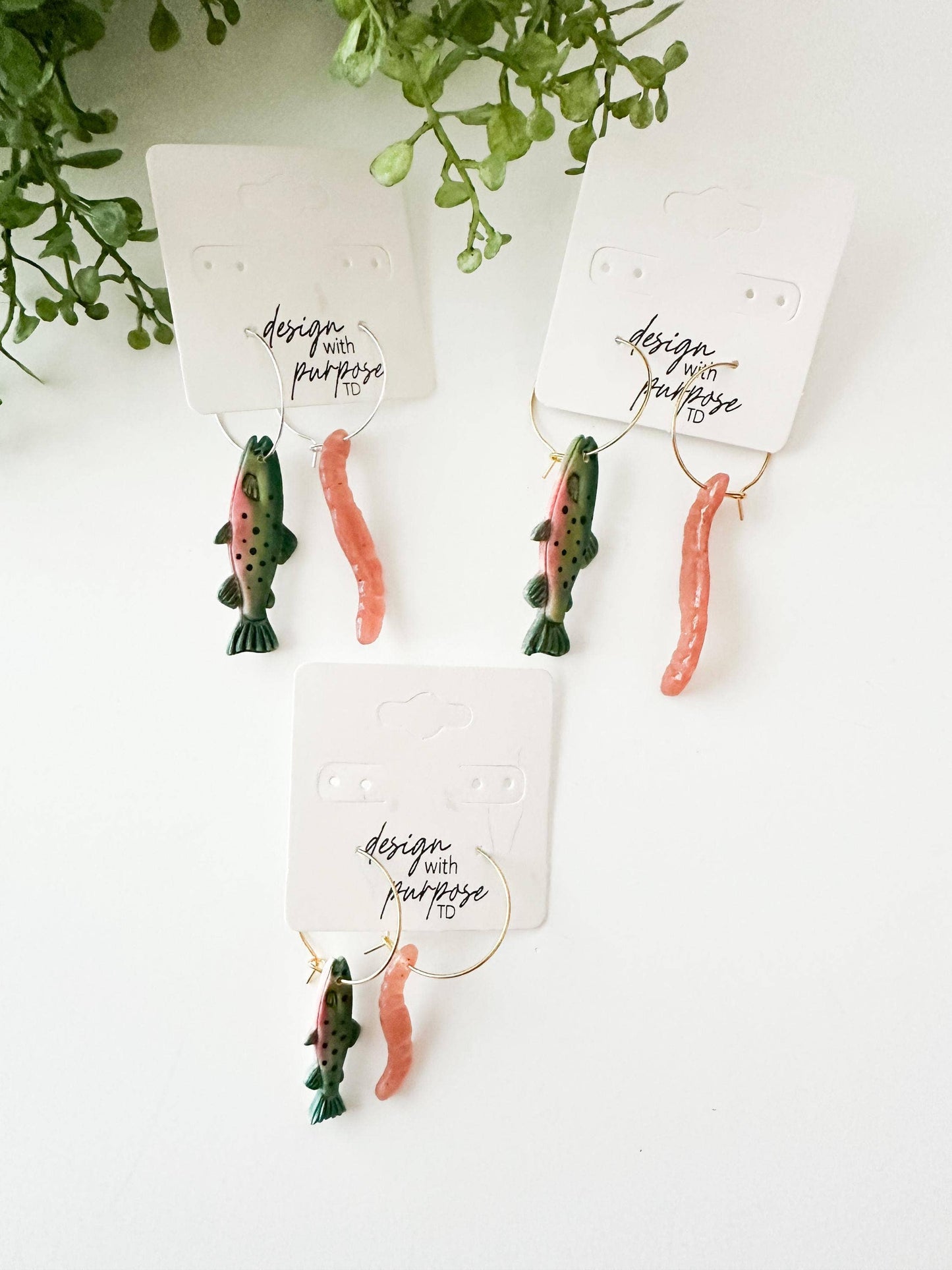 Rainbow Trout and Worm Clay Statement Earrings