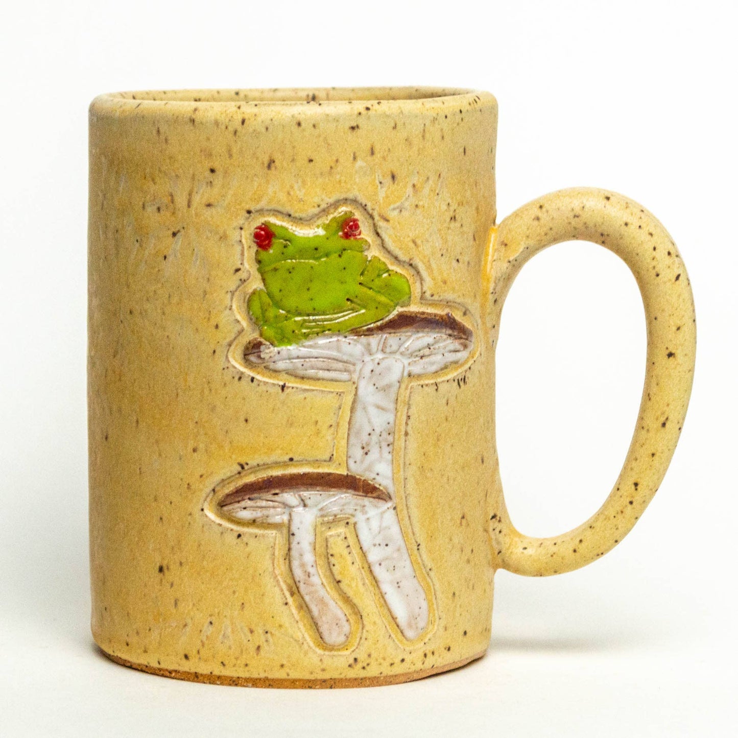 Frog on a Mushroom Design Handmade Ceramic Beige 14oz Mug