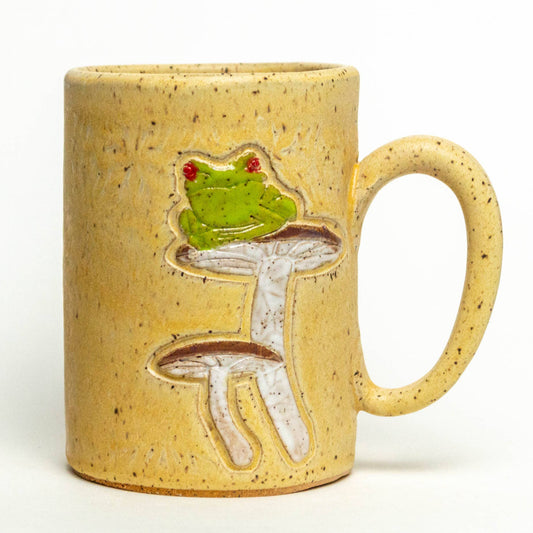 Frog on a Mushroom Design Handmade Ceramic Beige 14oz Mug