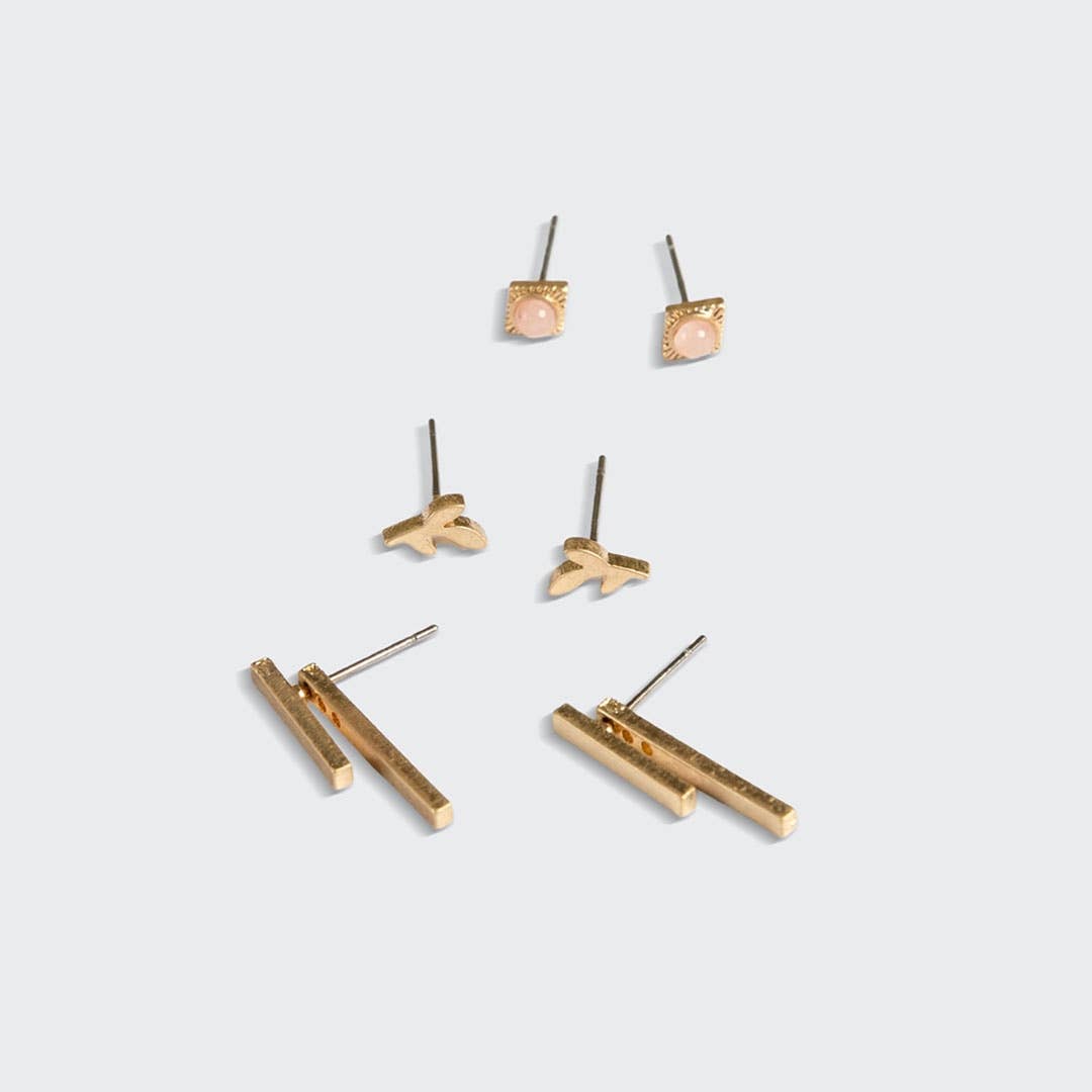 Stud Trio Ear Jacket Set - Leaf/Rose Quartz/Gold