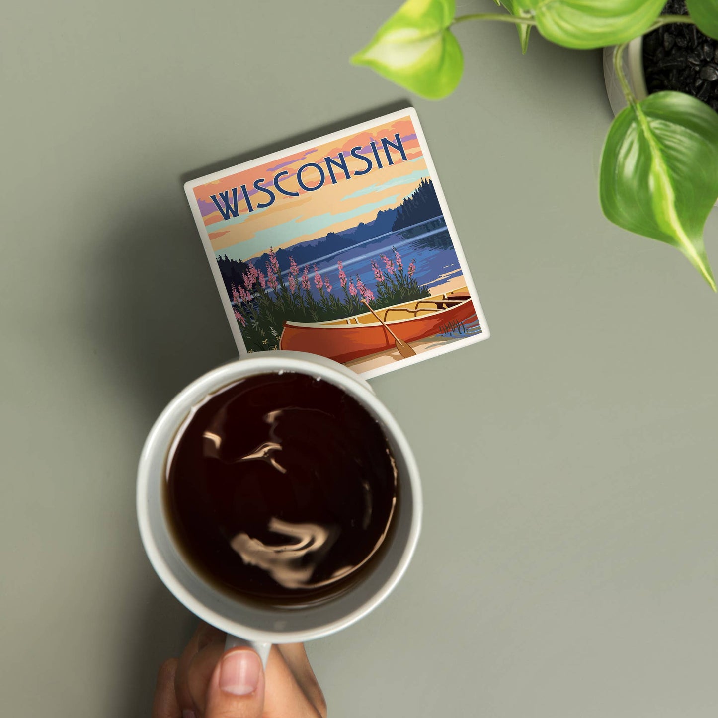 CERAMIC COASTER Wisconsin, Canoe & Lake