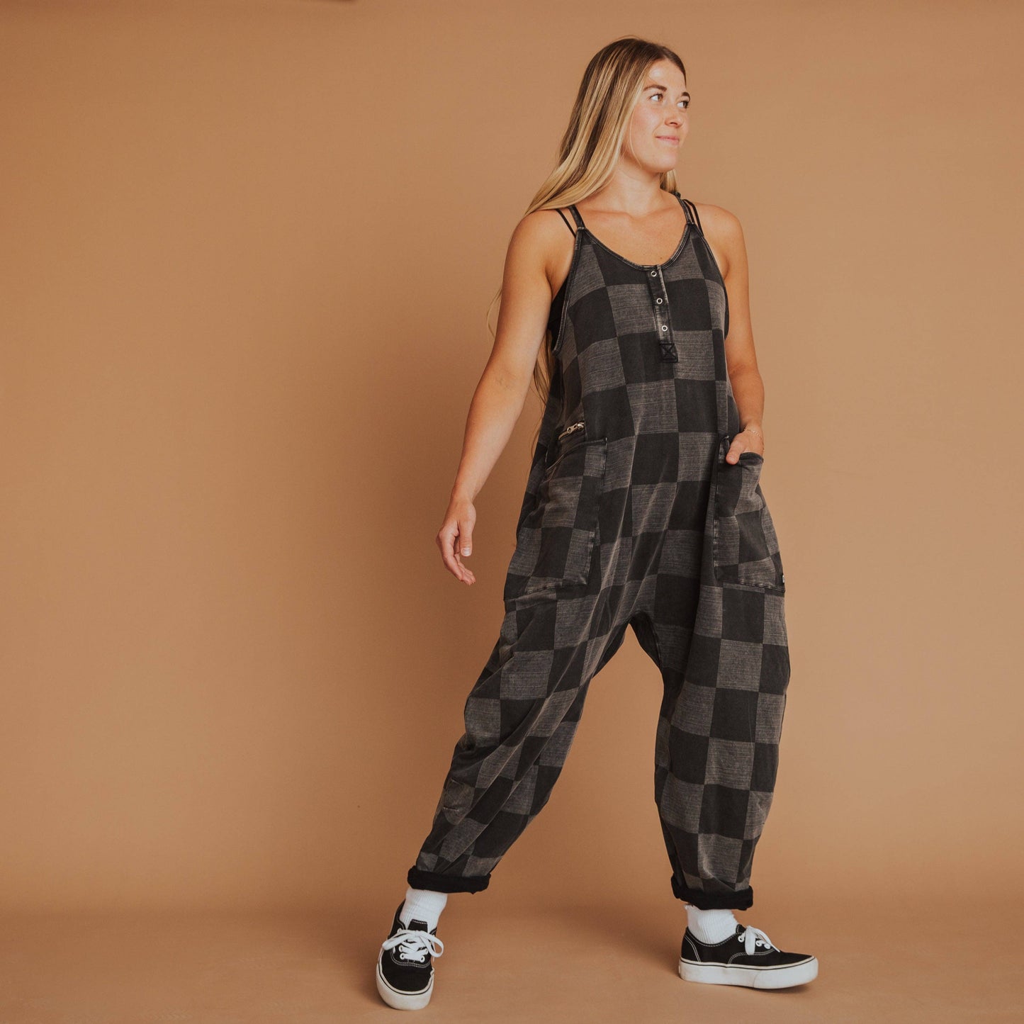 Women's Tank Romper - Black Denim Check