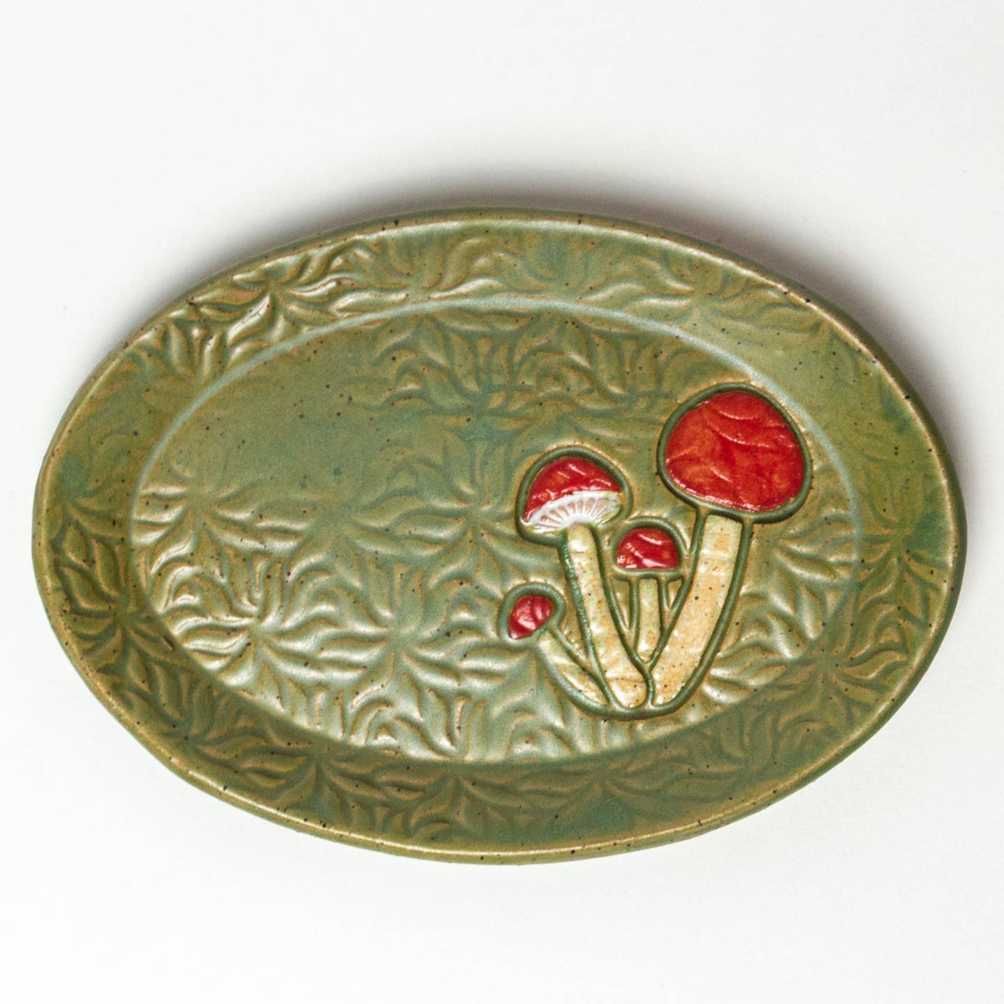 Mushroom Design Handmade Green Ceramic Oval Trinket Dish