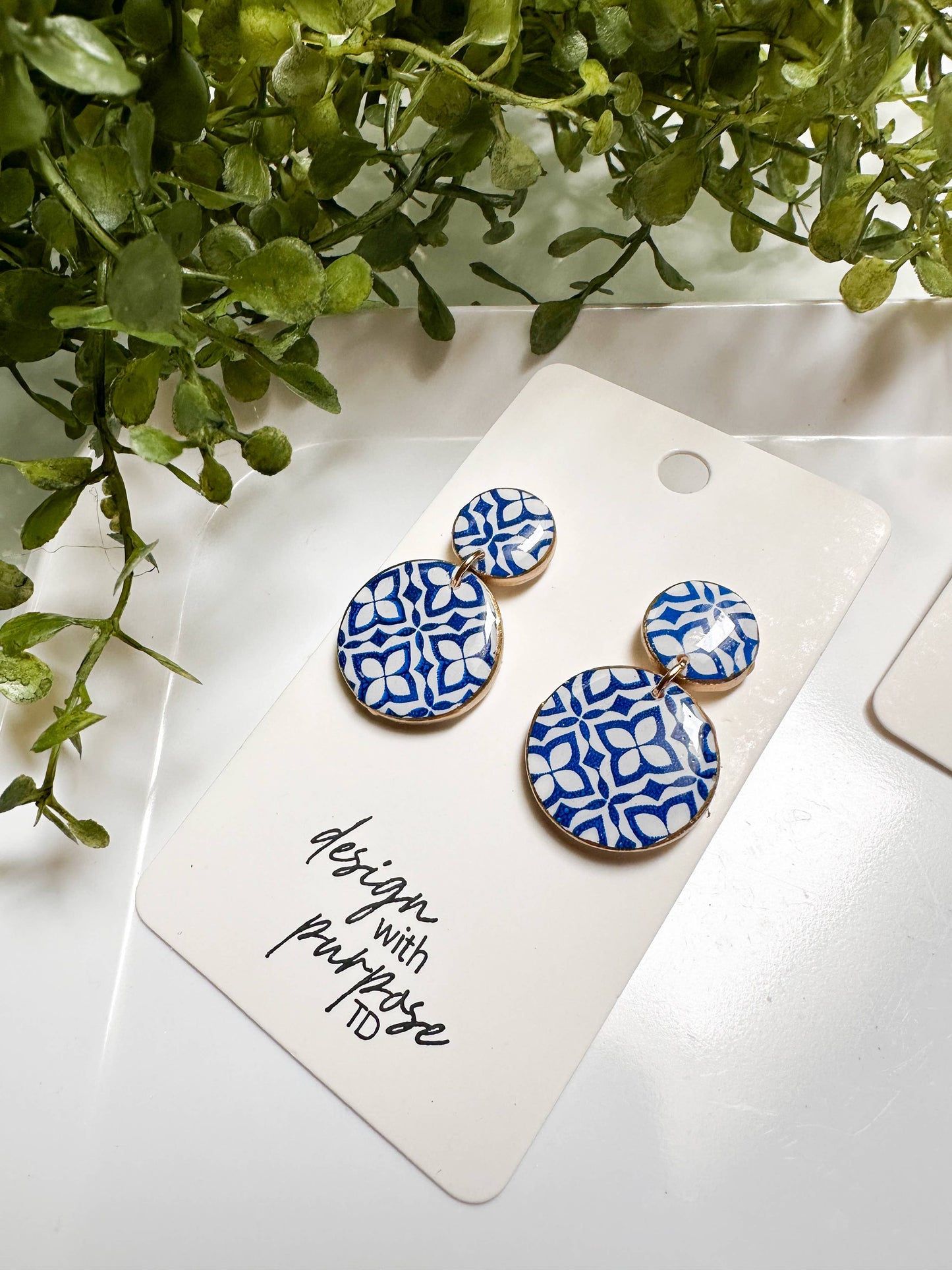 White and Blue Tile Pattern Earrings