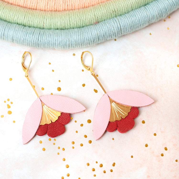 Ginkgo Flower Earrings – Pink and Deep Red Leather