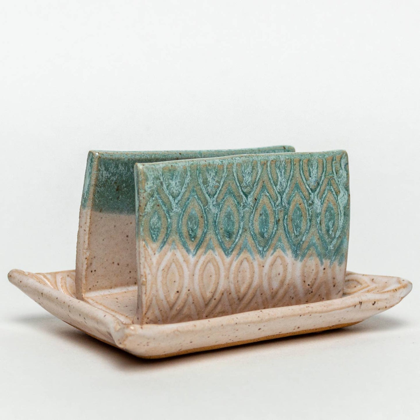 Patterned Handmade Green & White Ceramic Sponge Holder