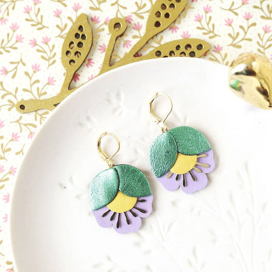 Cherry Flower Earrings - Metallic Green, Yellow, Lavender Leather