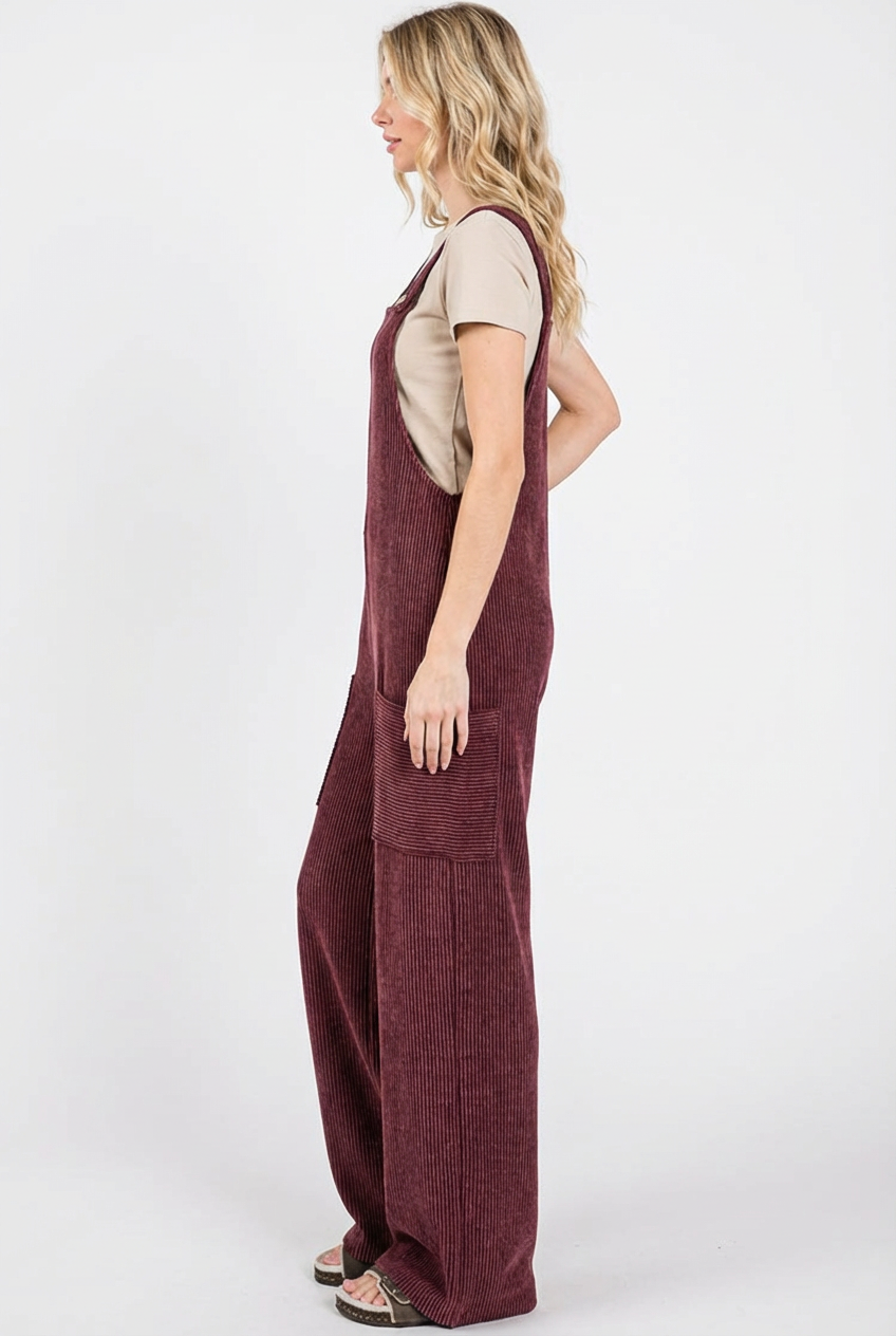 Sleeveless Ribbed Wide Leg Pocket Jumpsuit