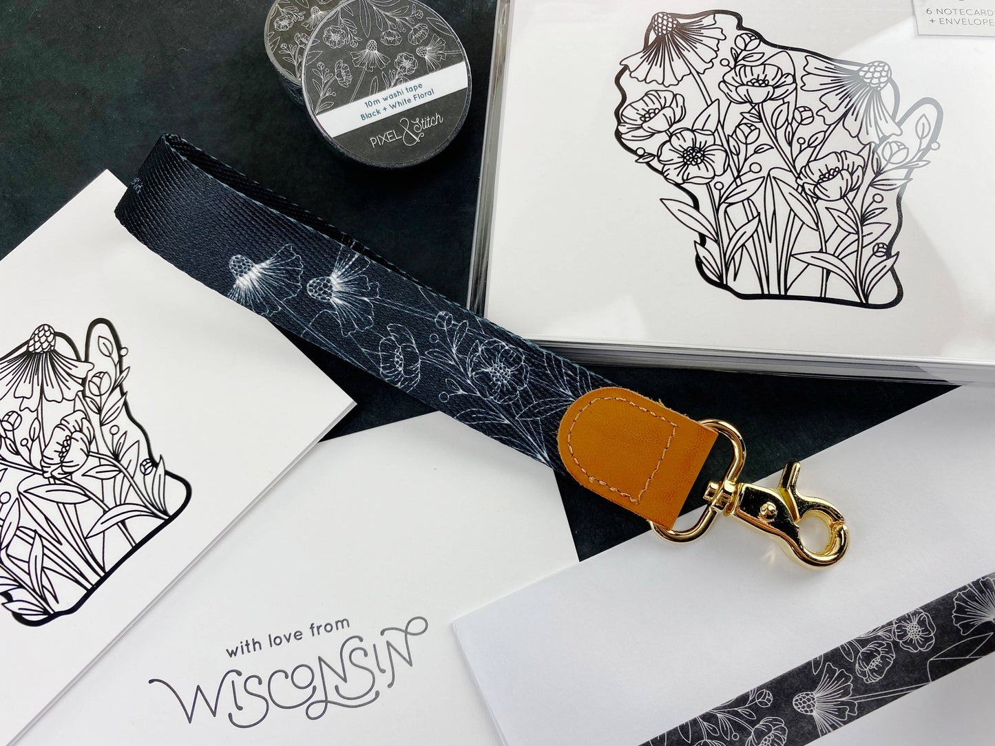 Black and White Floral Wrist Lanyard Keychain