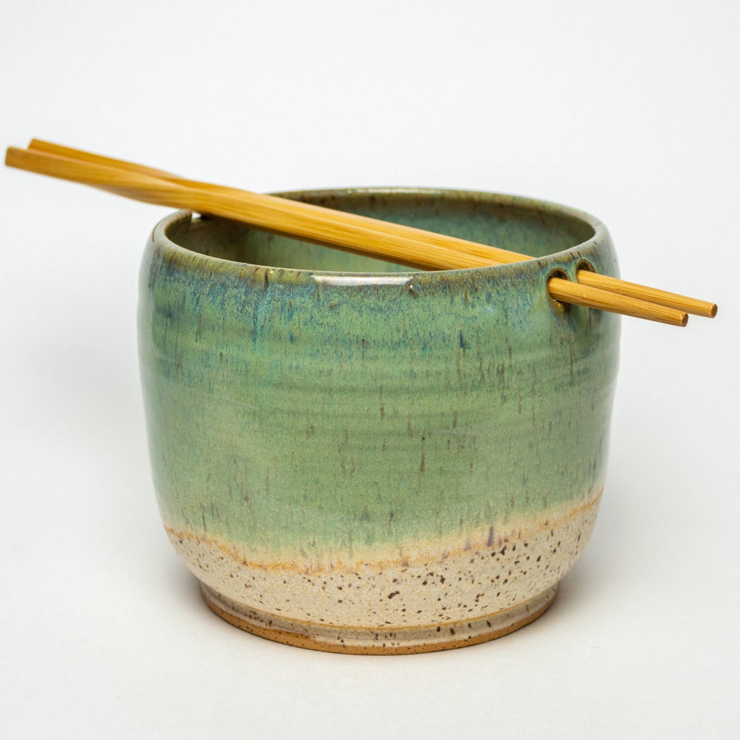 Rice/Noodle Bowl - Handmade Stoneware Clay - Green & Beige