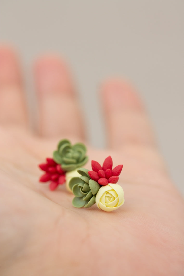 Handmade Succulent and Floral Bouquet Earrings - Red Green