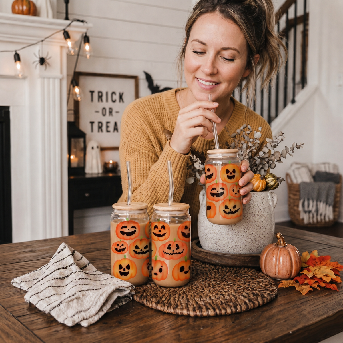 Halloween Kitchen Glass Cups 20oz, Modern Fall Tumblers