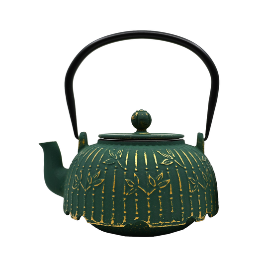 Green Bamboo Design 32oz Cast Iron Tea Pot