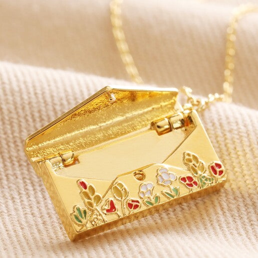 Wildflower Envelope Locket Pendant Necklace in Gold