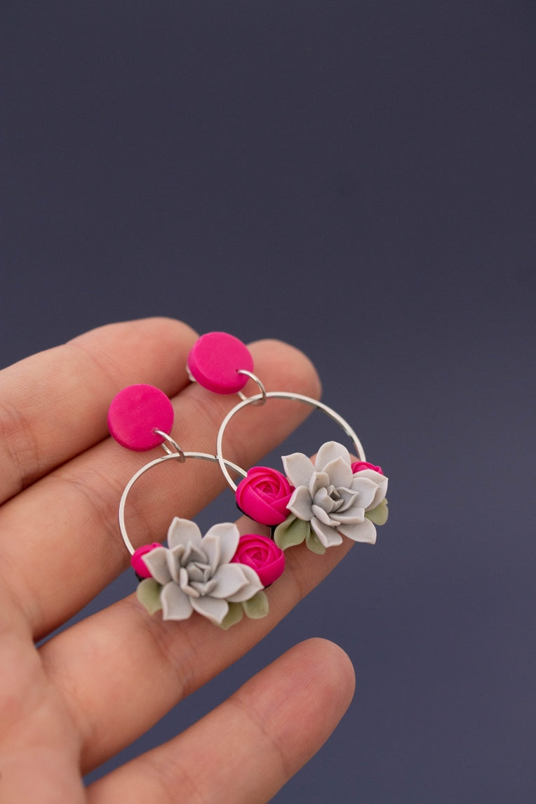 Gray Hot Pink Succulent Dangle Earrings