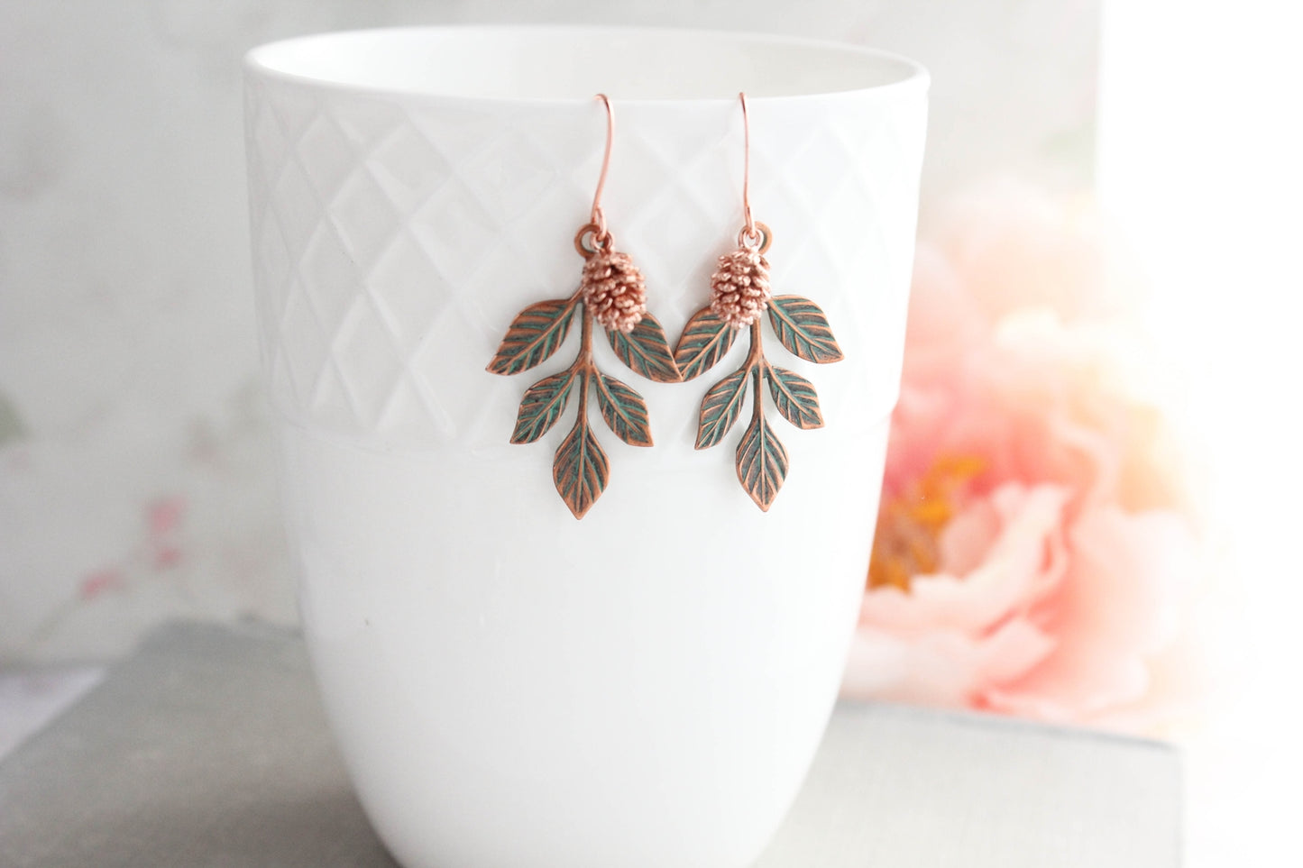 Branch and Pine Cone Earrings - Blush Mint