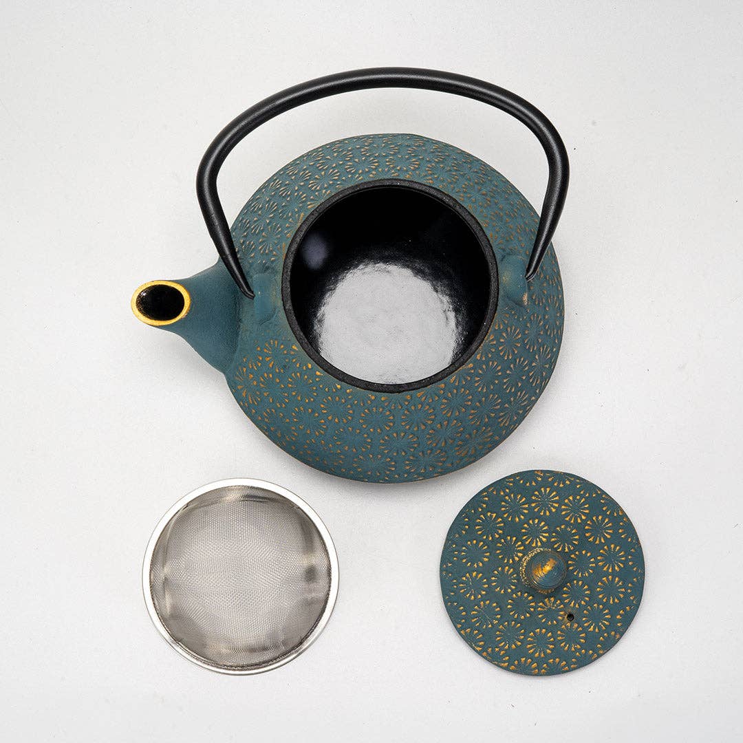 Teal Blue Plum Flower 32oz Cast Iron Tea Pot