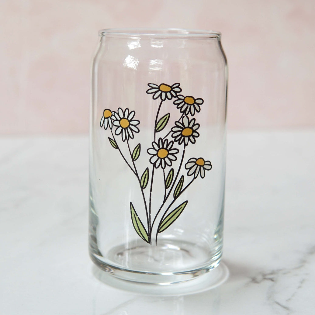 Spring Daisy Bouquet 16oz Can Glass With Acacia Lid & Straw