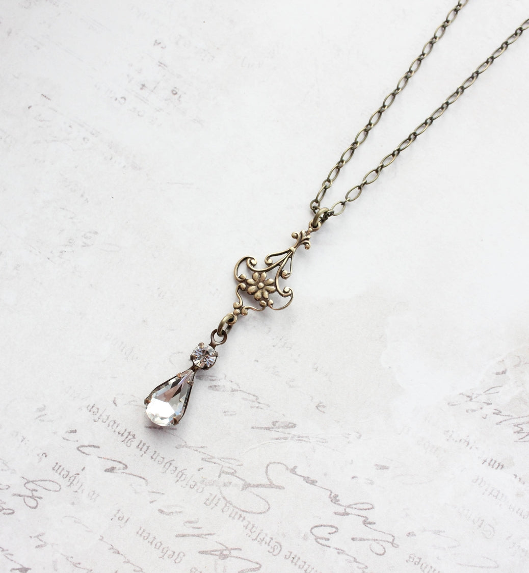 Fleur Filigree Pendant with Vintage Glass Crystal Teardrop Necklace